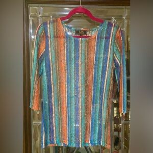 L&B Multicolor Striped Lace Top Size Small 3/4 Sleeve Stretch Blouse